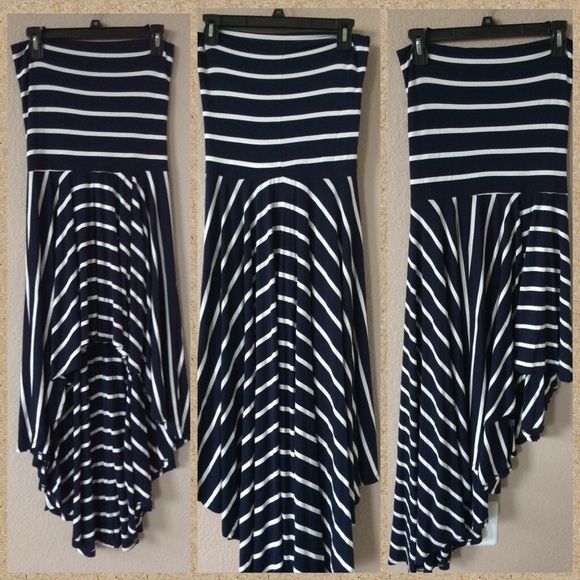 Olivaceous Dresses & Skirts - Olivaceous asymmetrical maxi dress blue stripes